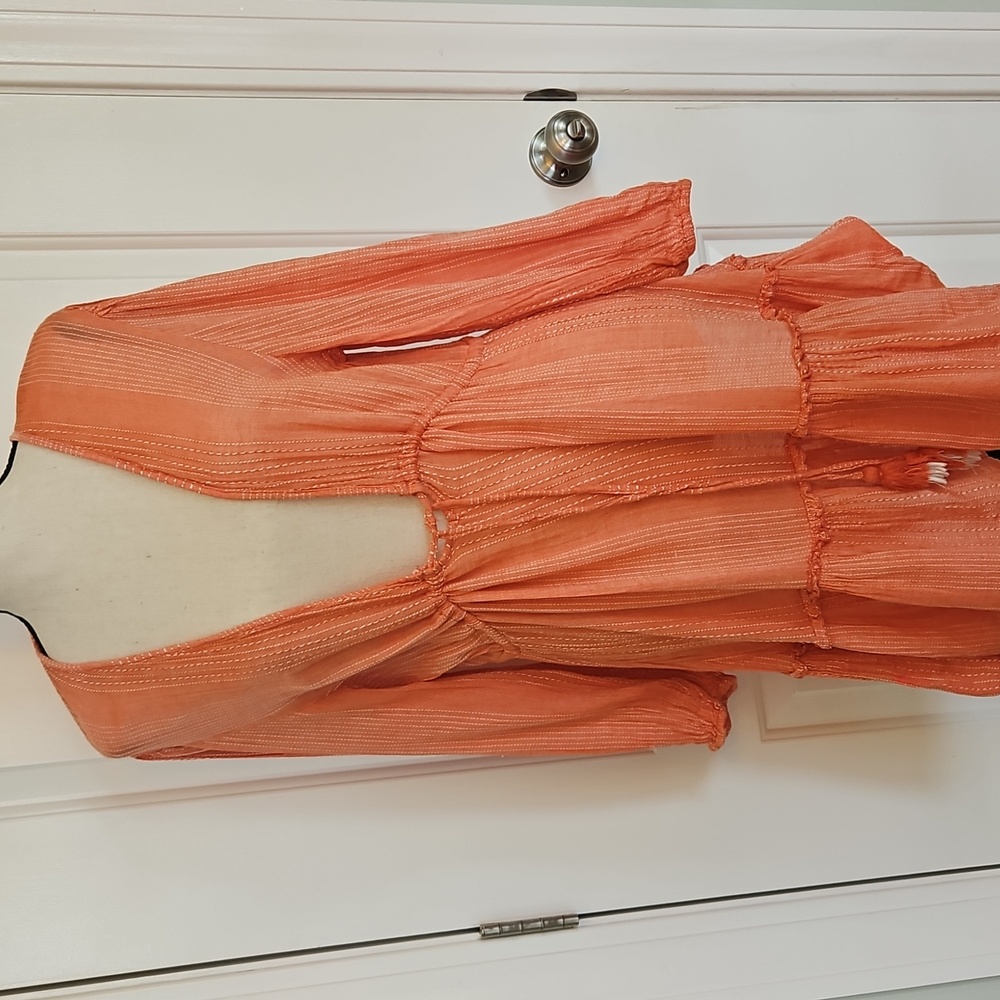 Blue Island Women's Pink Striped V-Neck Tassels Swim‎ Cover Up Boho Dress LARGE